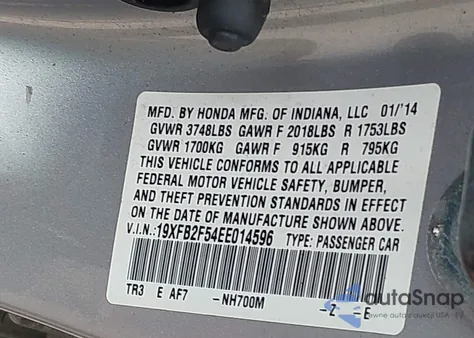 2014 Honda Civic Lx z USA, uszkodzony, nr VIN 19XFB2F54EE014596